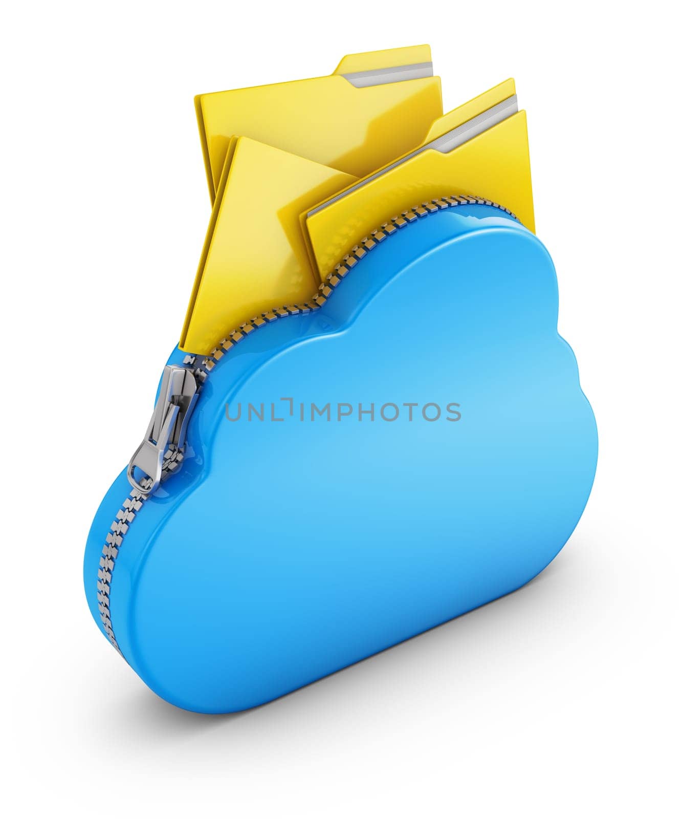 Cloud with a zipper and folders with files. 3D rendering.