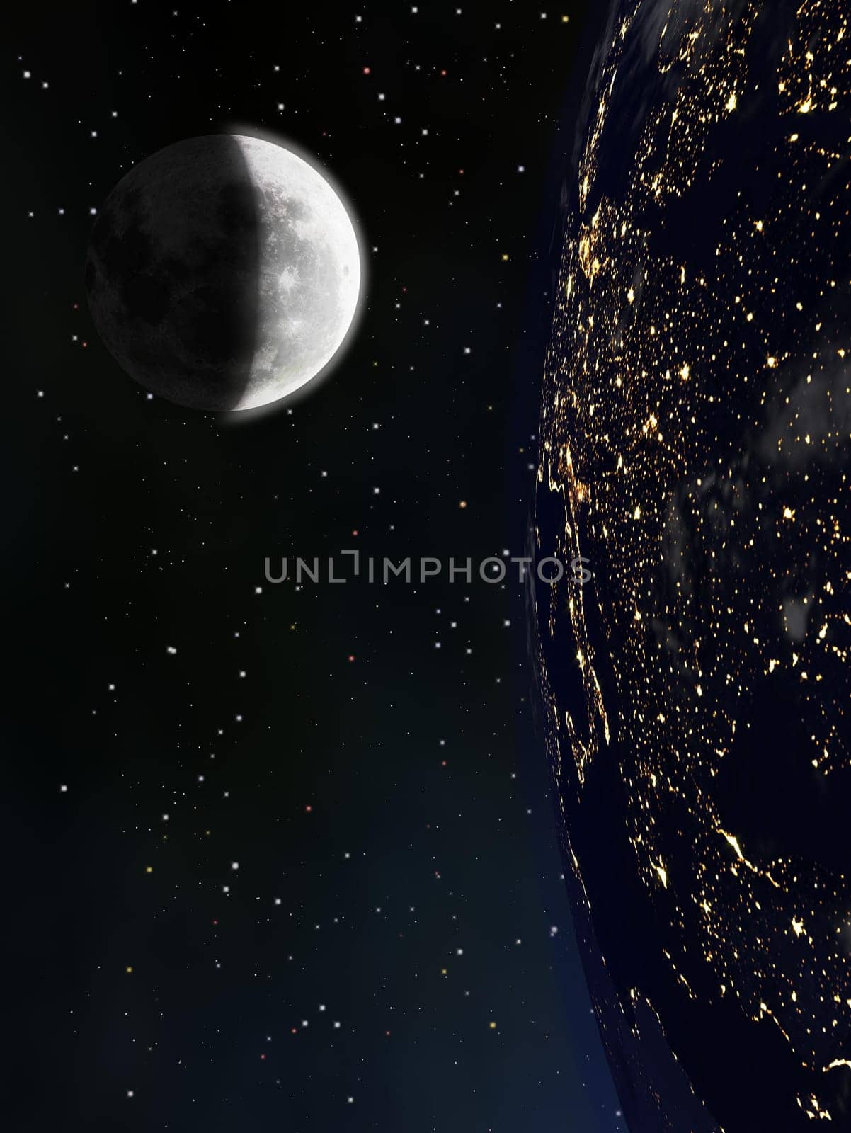 View of Earth's eastern hemisphere from above the Moon's surface, with stars in the background.