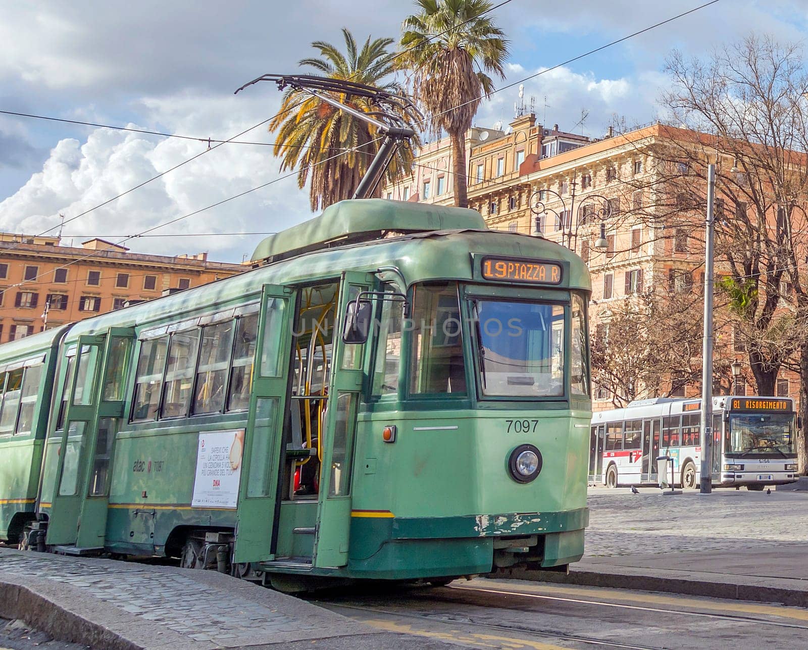 Rome, Italy, february 11, 2017: ancient tram moving in Piazza Risorgimento in Rome, Italy