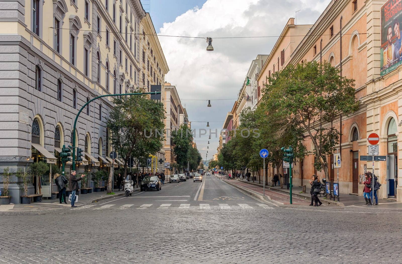 Rome, Italy, februry 11, 2017: Frontal view of Via Cicerone. Cicerone was  a famous Roman politician and lawyer