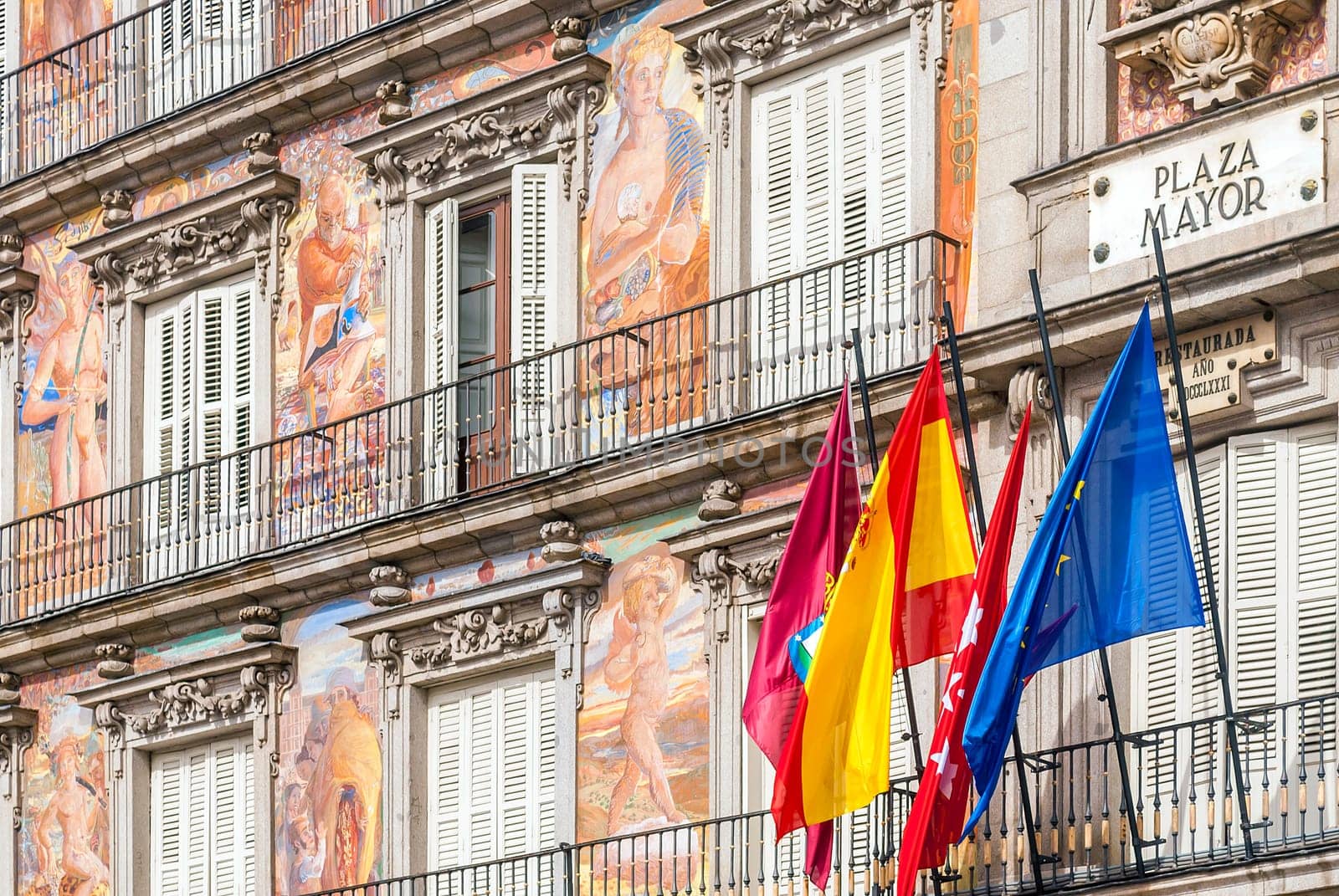 Detail of the facade of Casa de la Panaderia ( Bakery House ), Plaza Mayor, Madrid, Spain