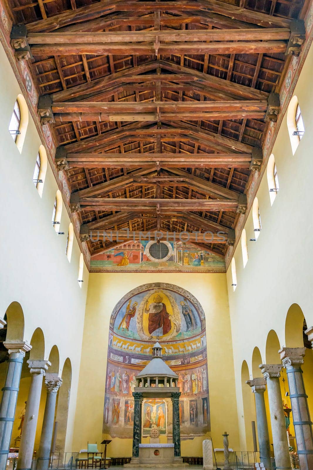Rome, Italy, march 24, 2017: Interior with the central nave and roof of the ancient basilica church of San Saba in Rome.