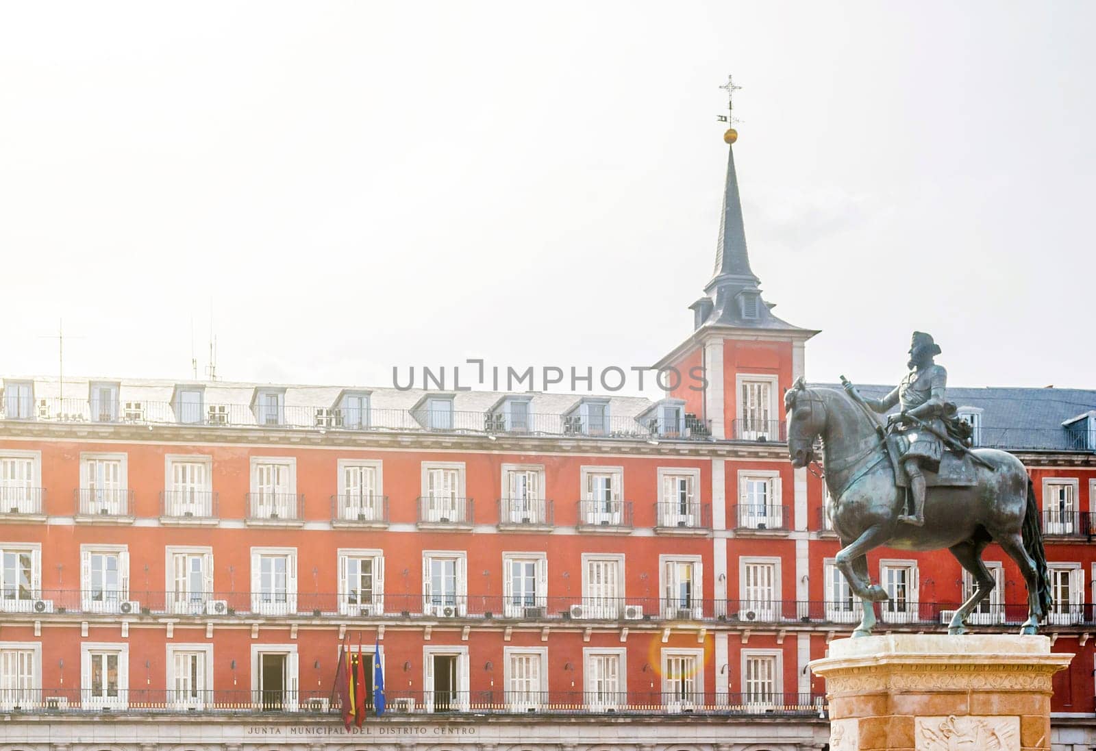 the equestrian bronze statue of king Philip lll in Plaza Mayor in Madrid, Spain