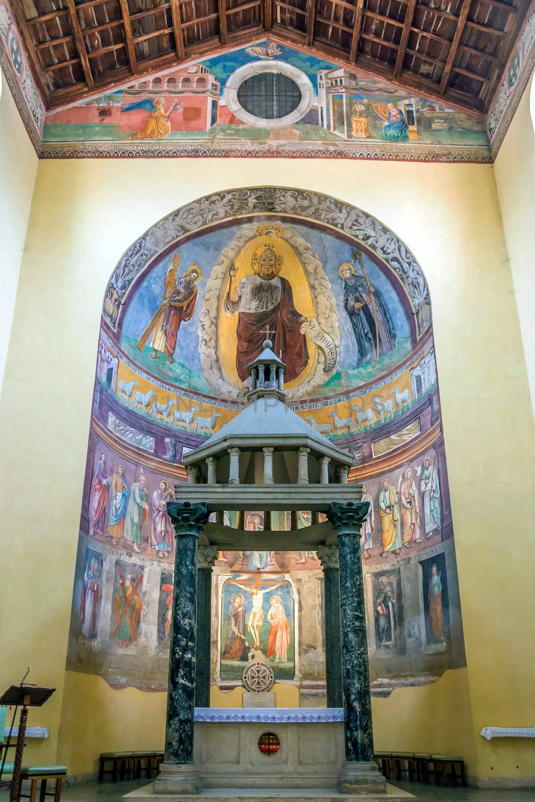 Rome, Italy, march 24, 2017: Interior with the central nave and the main altar of the ancient basilica church of San Saba in Rome.