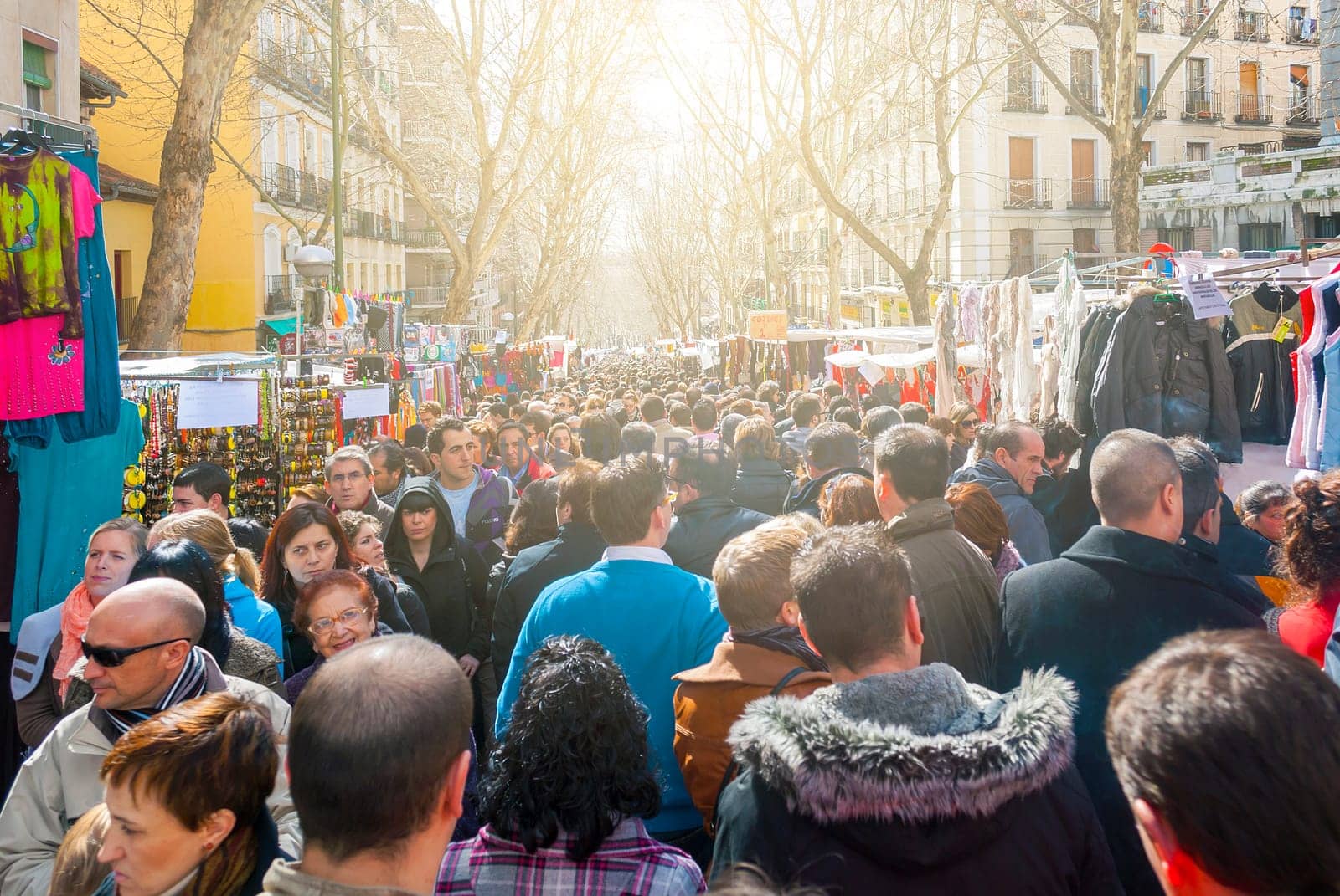 Madrid, Spain, february 28, 2010: Scene from El Rastro flea market in Madrid, Spain. El Rastro is held in La Latina neighborhood every Sunday and it’s the most important market in Madrid.