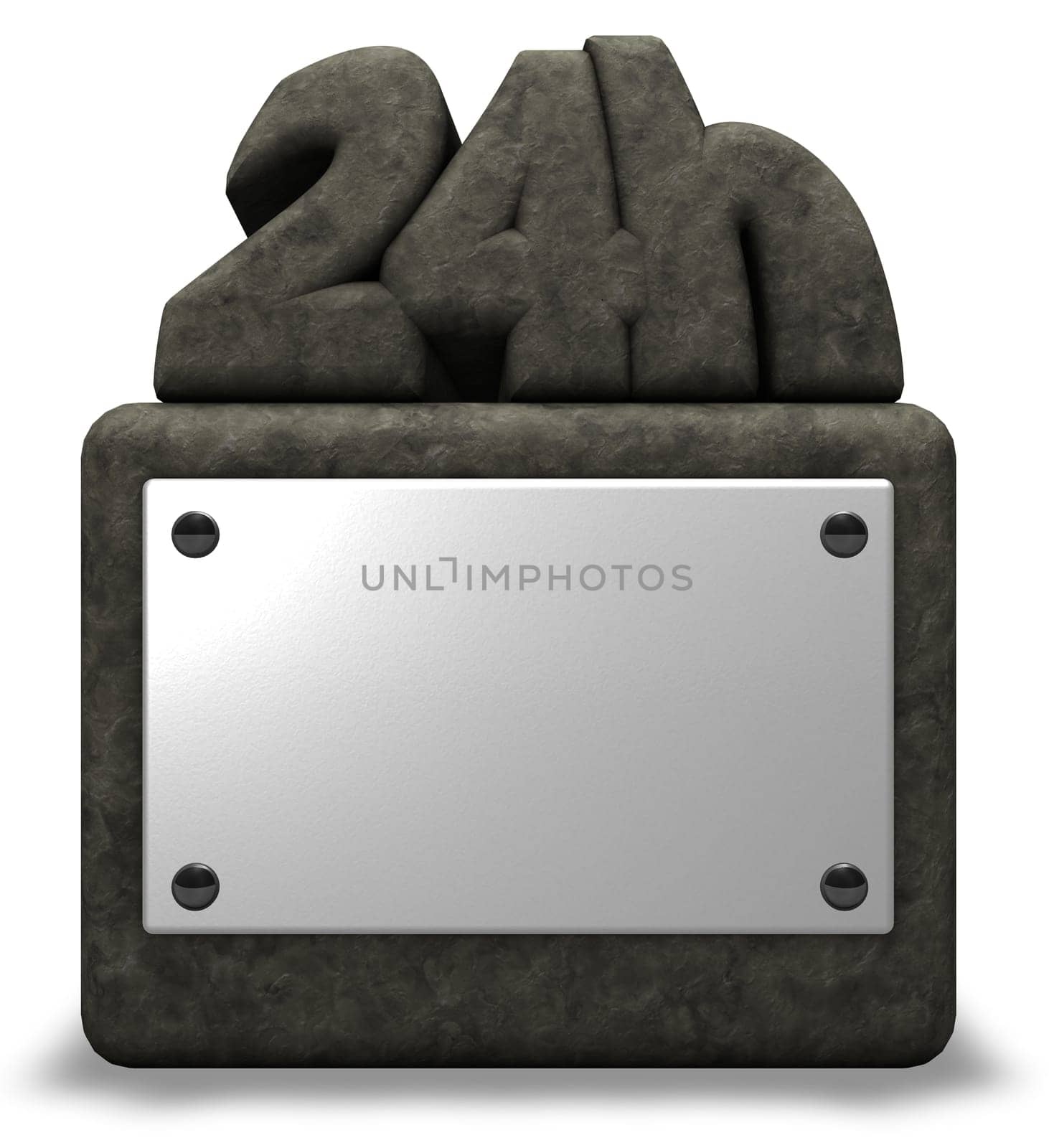 Twenty-four hours symbol and percent sign on stone base with empty shield - 3d rendering