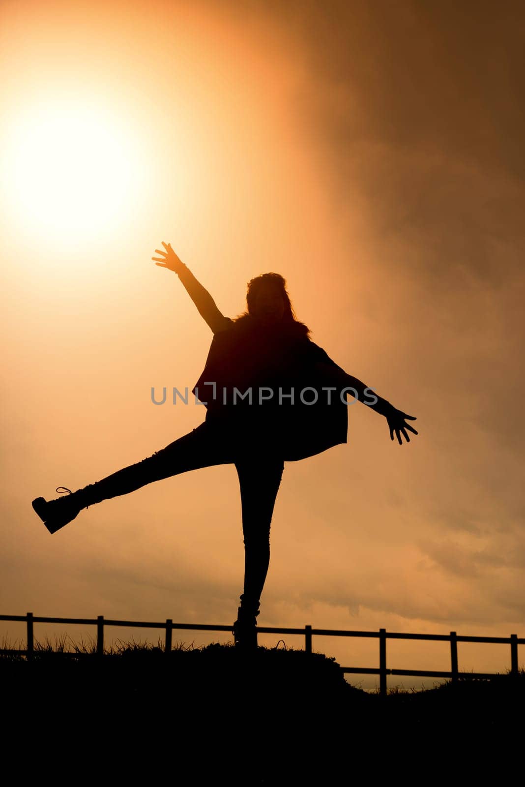Girl in silhouette over a fence at sunset