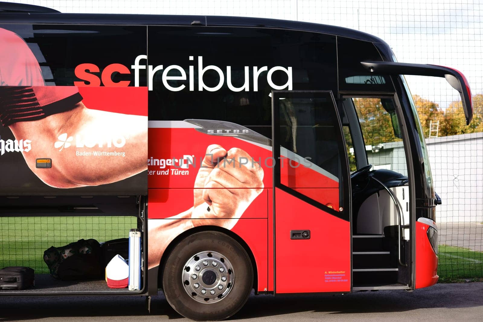 Mainz,Germany - October 25,2017: The coat of arms of the football club SC Freiburg on the team bus at a game of the Regionalliga on October 25,2017 in Mainz.