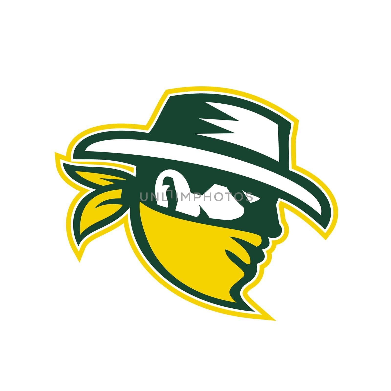 Retro style illustration of green bandit mascot, outlaw, robber, marauding gang member viewed from side on isolated background.