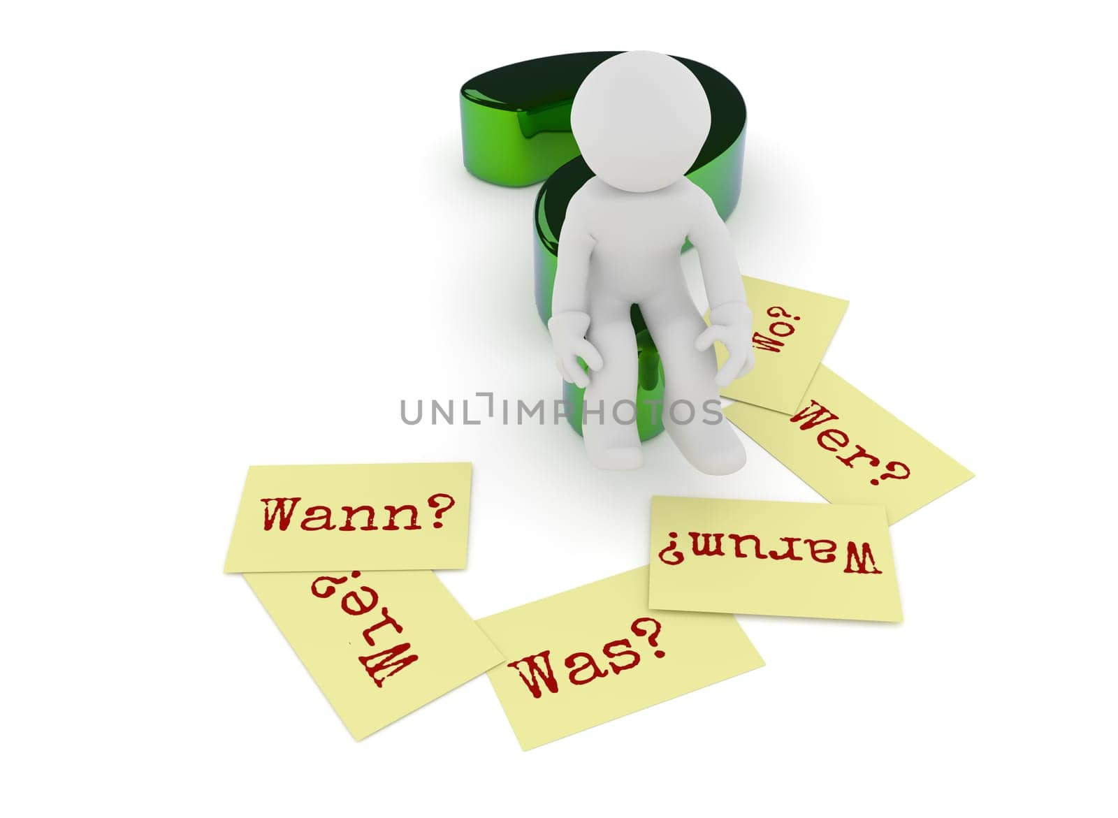 Small character sitting on a glossy green question mark, six sticky notes on the ground with the German words Why, When, How, Where, What and Who on a white background, 3d rendering