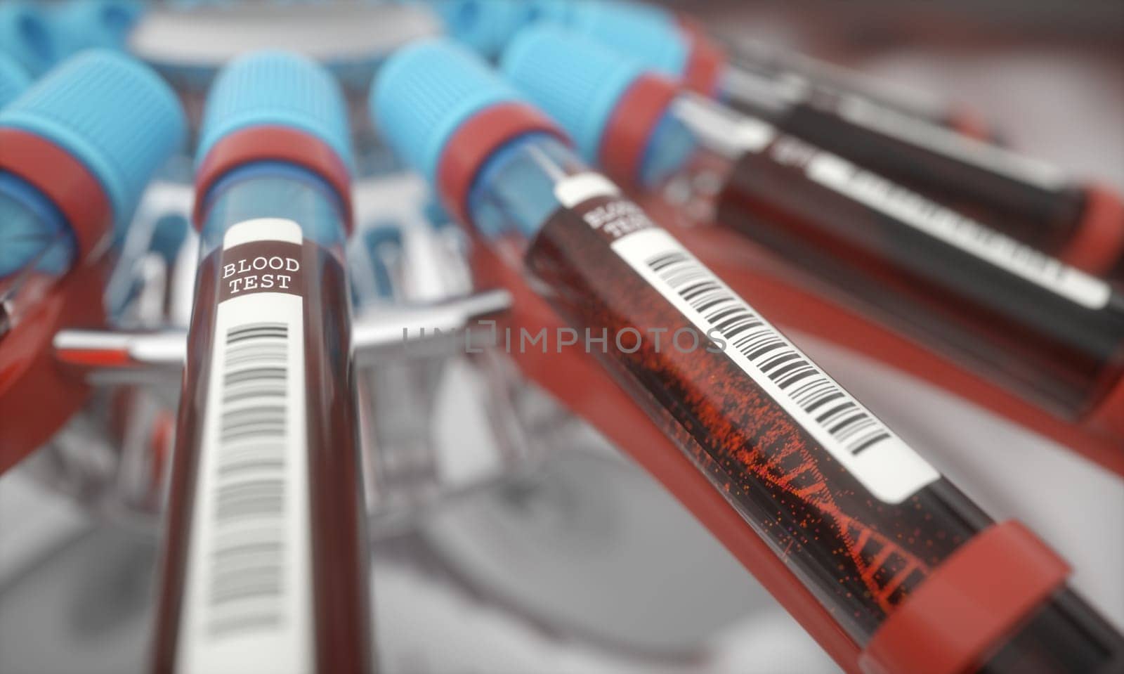 3D illustration, conceptual image. Molecule of DNA forming inside the test tube in the blood test equipment.