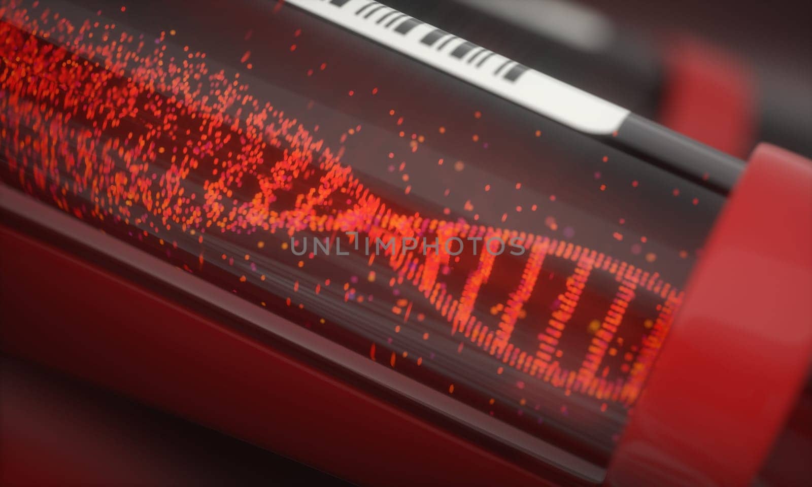 3D illustration, conceptual image. Molecule of DNA forming inside the test tube in the blood test equipment.