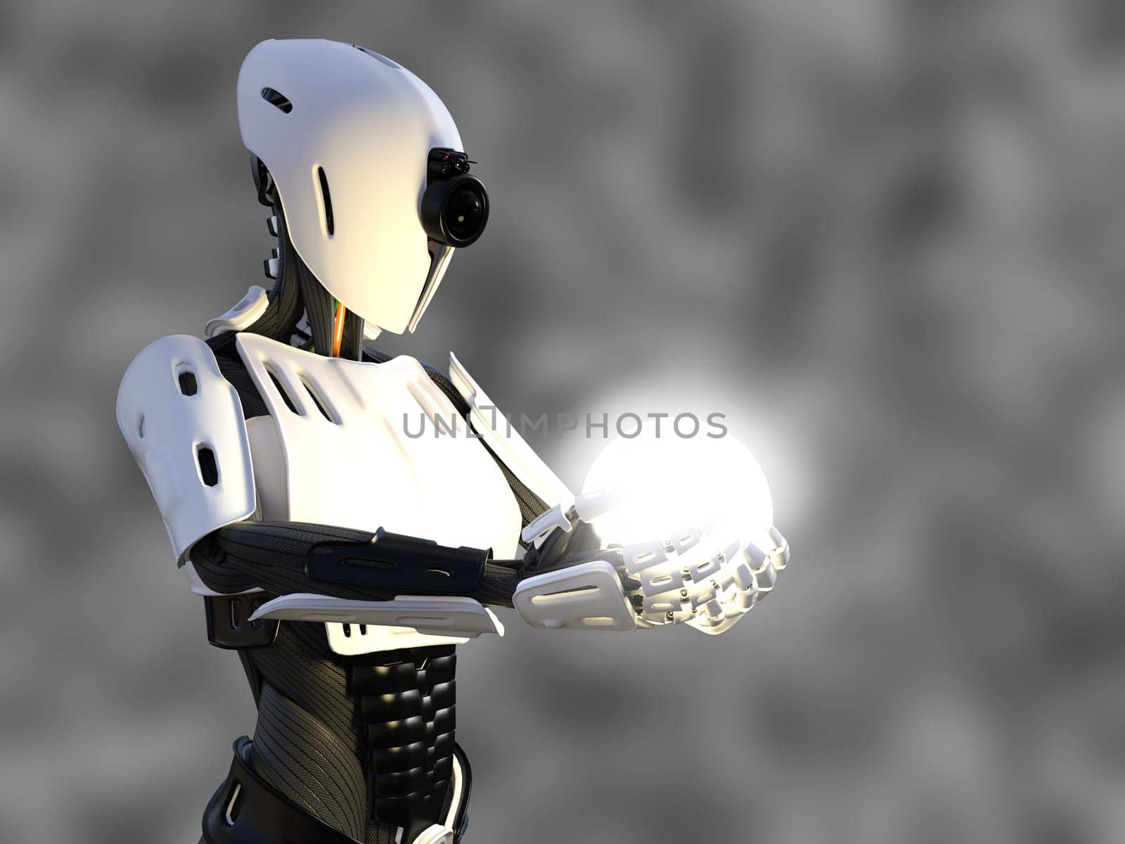 3D rendering of a female android robot holding a glowing sphere of energy or light in her hand against a gray background.