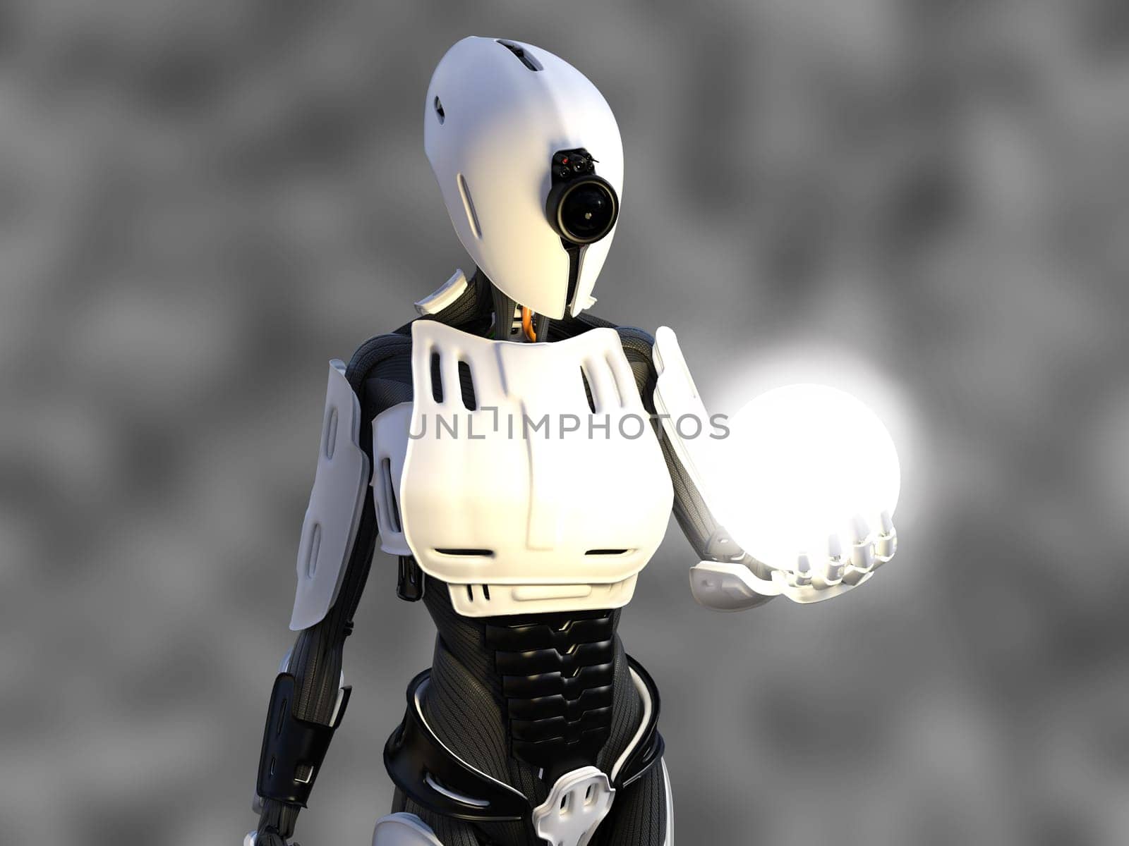 3D rendering of a female android robot holding a glowing sphere of energy or light in her hand against a gray background.