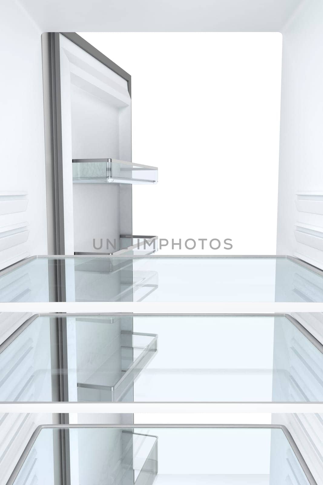 View from inside of an empty fridge with opened door