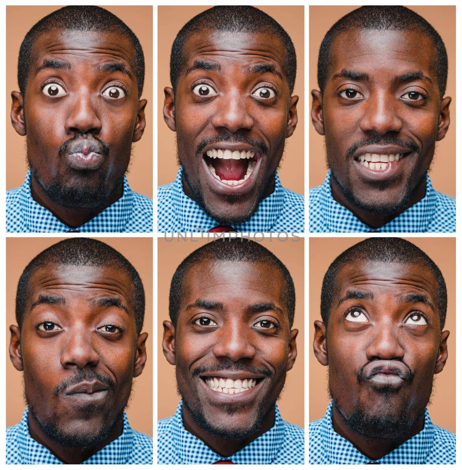 The collage from images of a very happy afro american man showing emotions in studio on pink background