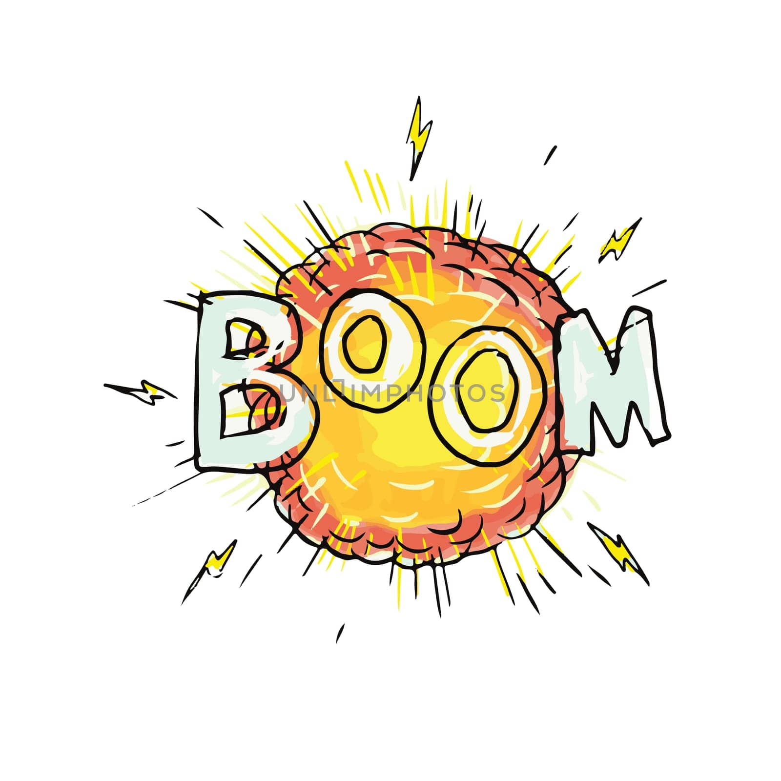 Cartoon style illustration of an explosion with words Boom set on isolated background.