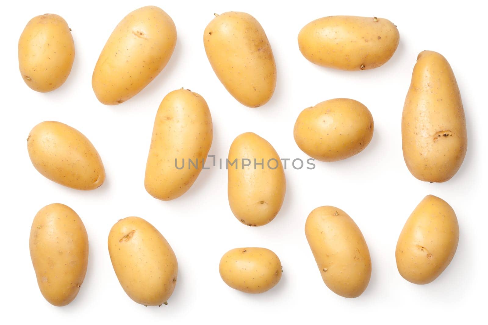 Potatoes isolated on white background. Flat lay. Top view