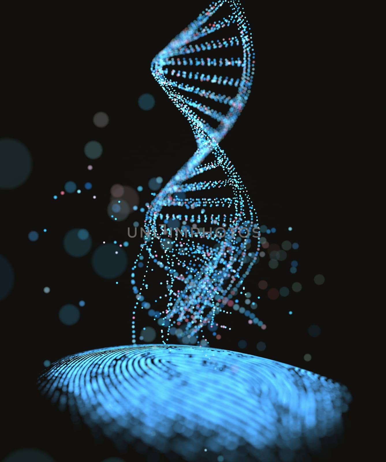 3D illustration. Genetic code DNA coming out of the fingerprint.