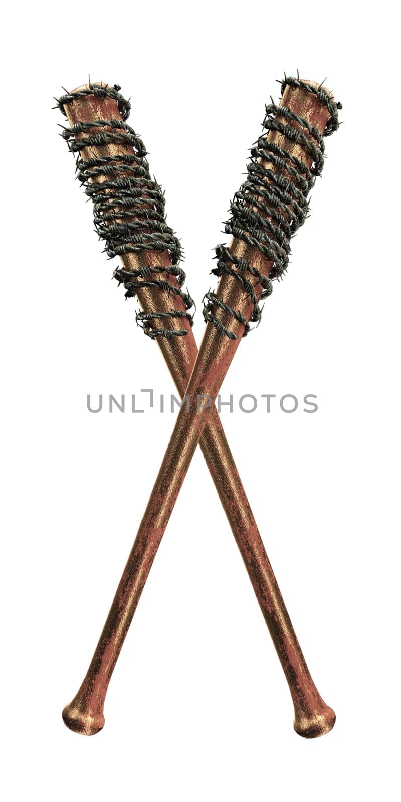 3d illustration of baseball bats with barbed wire isolated on white background
