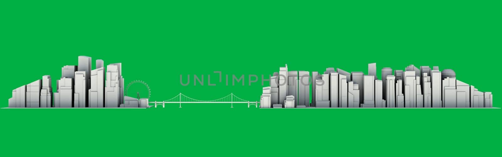 3d illustration of a city skyline isolated on green background for cutout