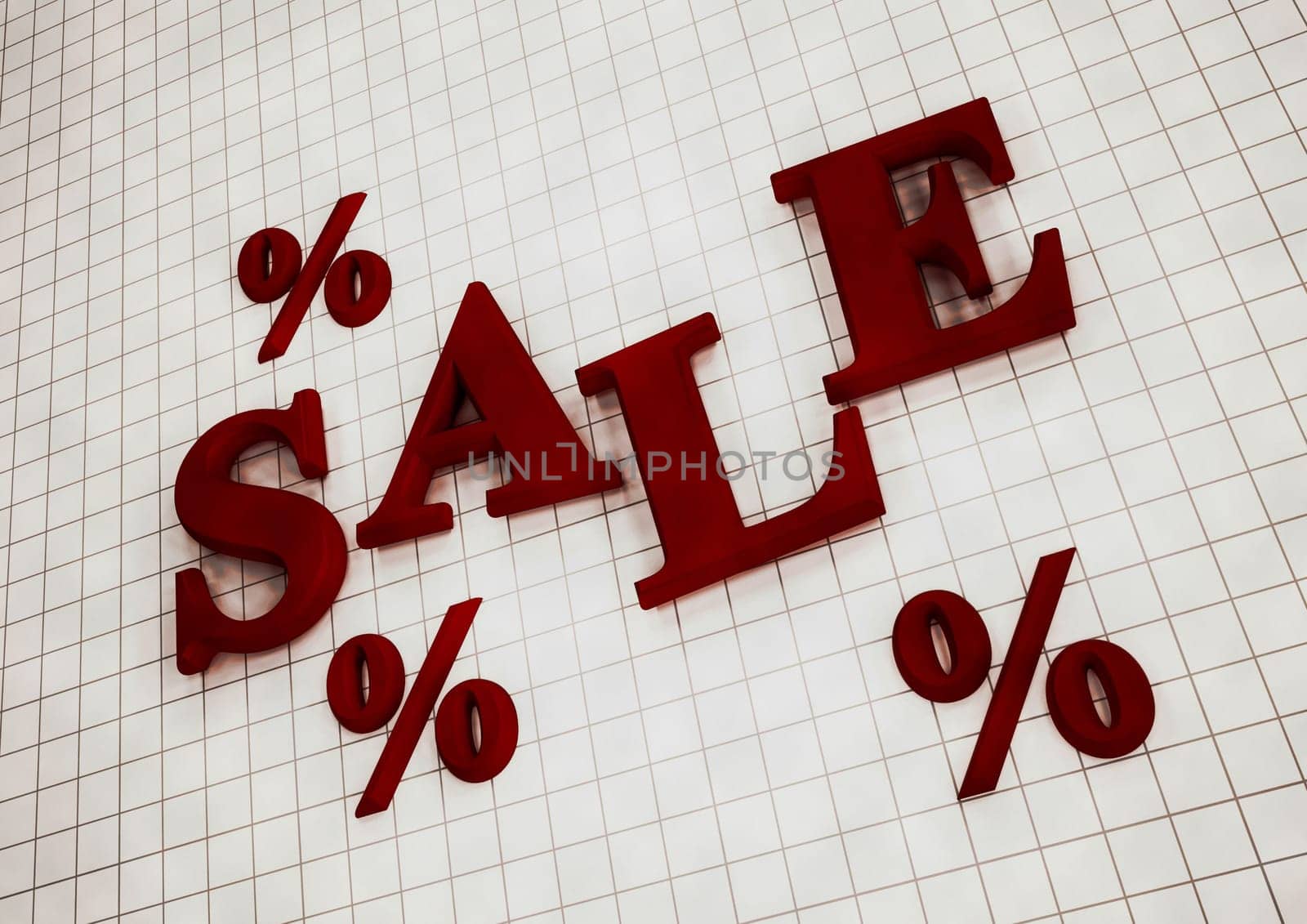Dimensional inscription of SALE and percents near it. 3D illustration.