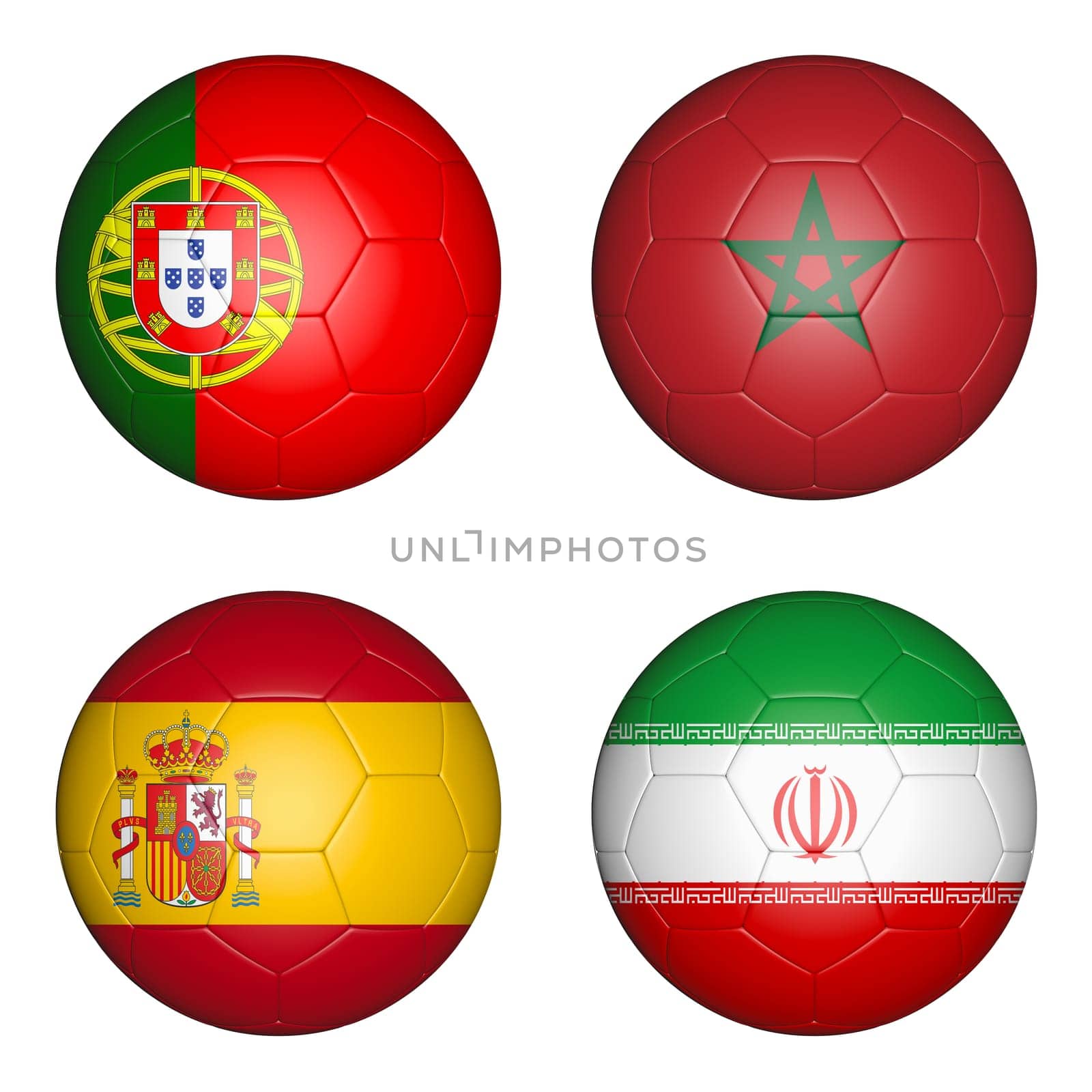 Four balls with the image of the flags of countries, the cup of the championship of football. 3d rendering.
