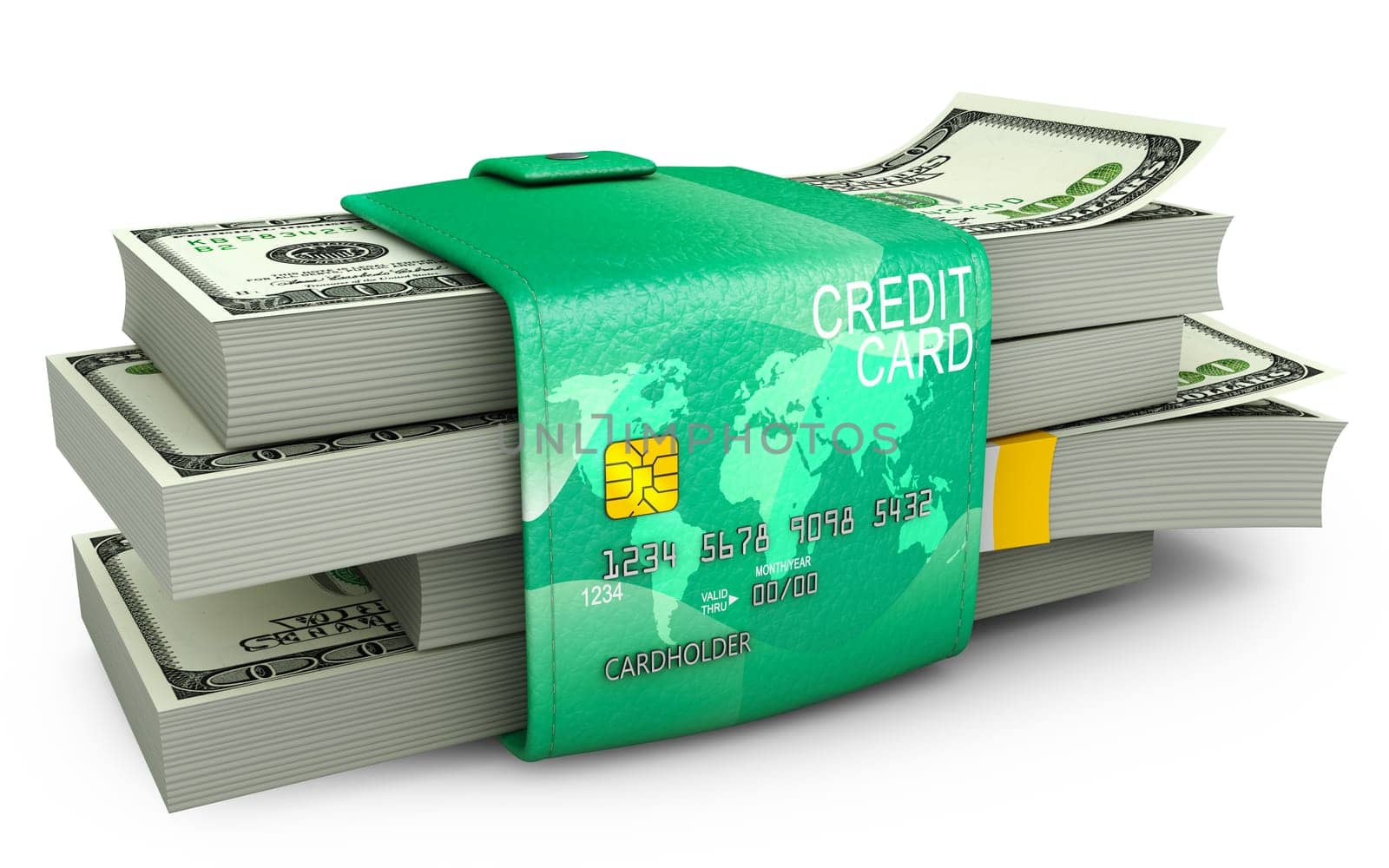 A swollen wallet in the form of a credit card in which there are packs of dollars. 3d rendering.