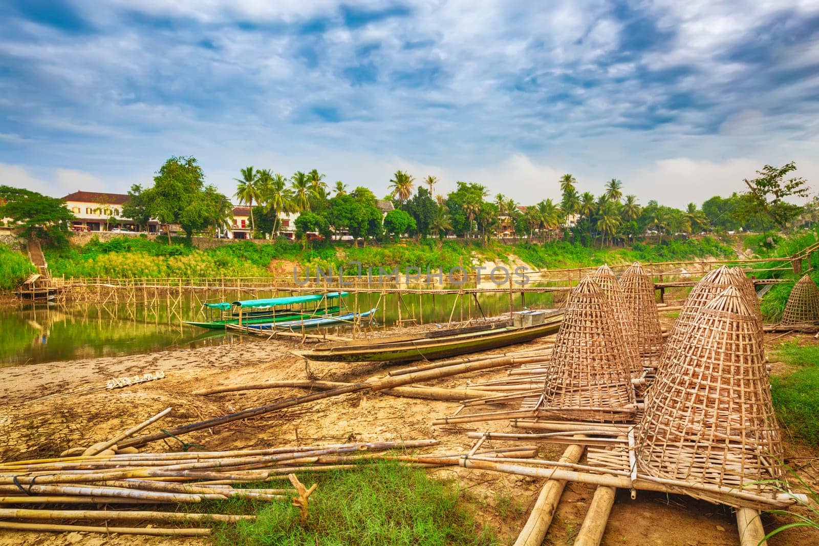 Beautiful view of a bamboo bridge. Luang Prabang. Laos landscape.