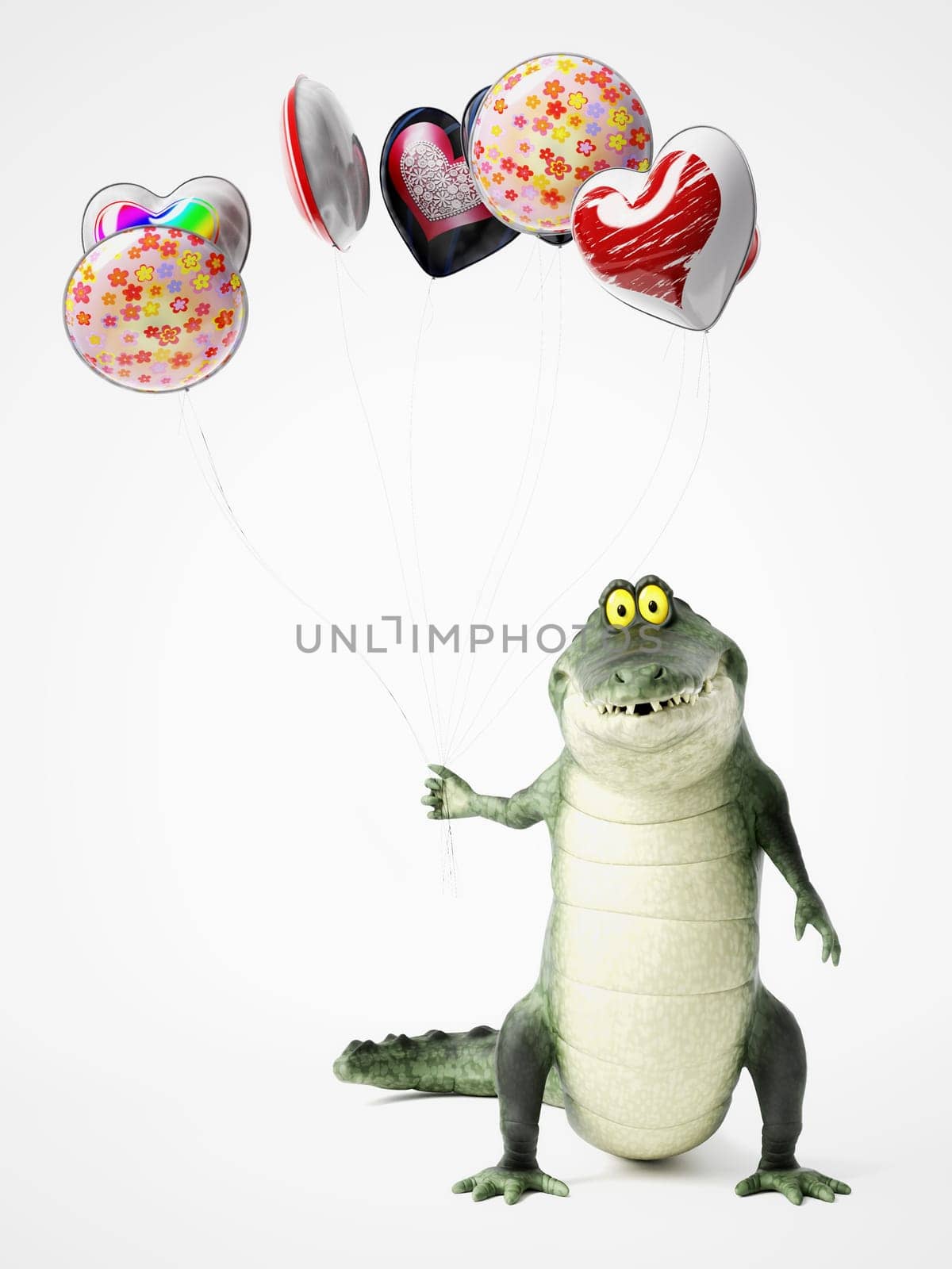 3D rendering of a cute, friendly cartoon crocodile holding a bunch of balloons in his hand.