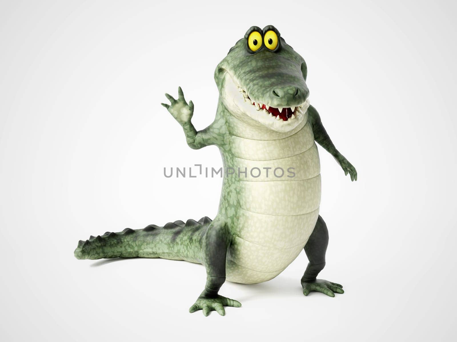 3D rendering of a cute, friendly cartoon crocodile standing up and waving hello.