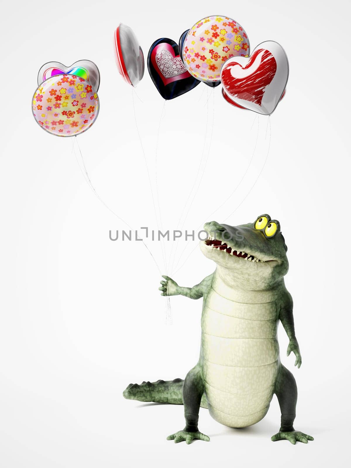 3D rendering of a cute, friendly cartoon crocodile holding a bunch of balloons in his hand.