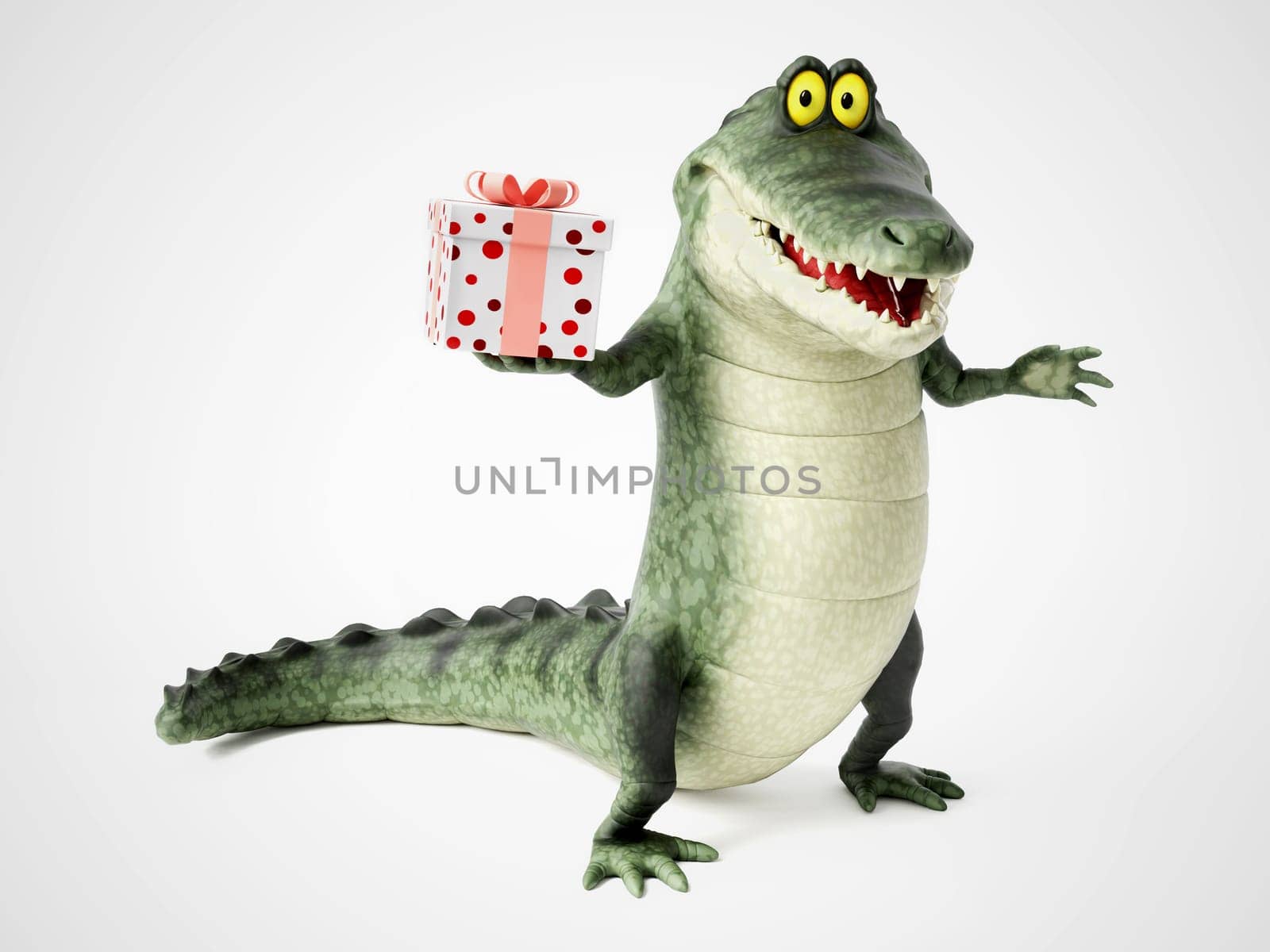 3D rendering of a cute, friendly cartoon crocodile holding a present in his hand.