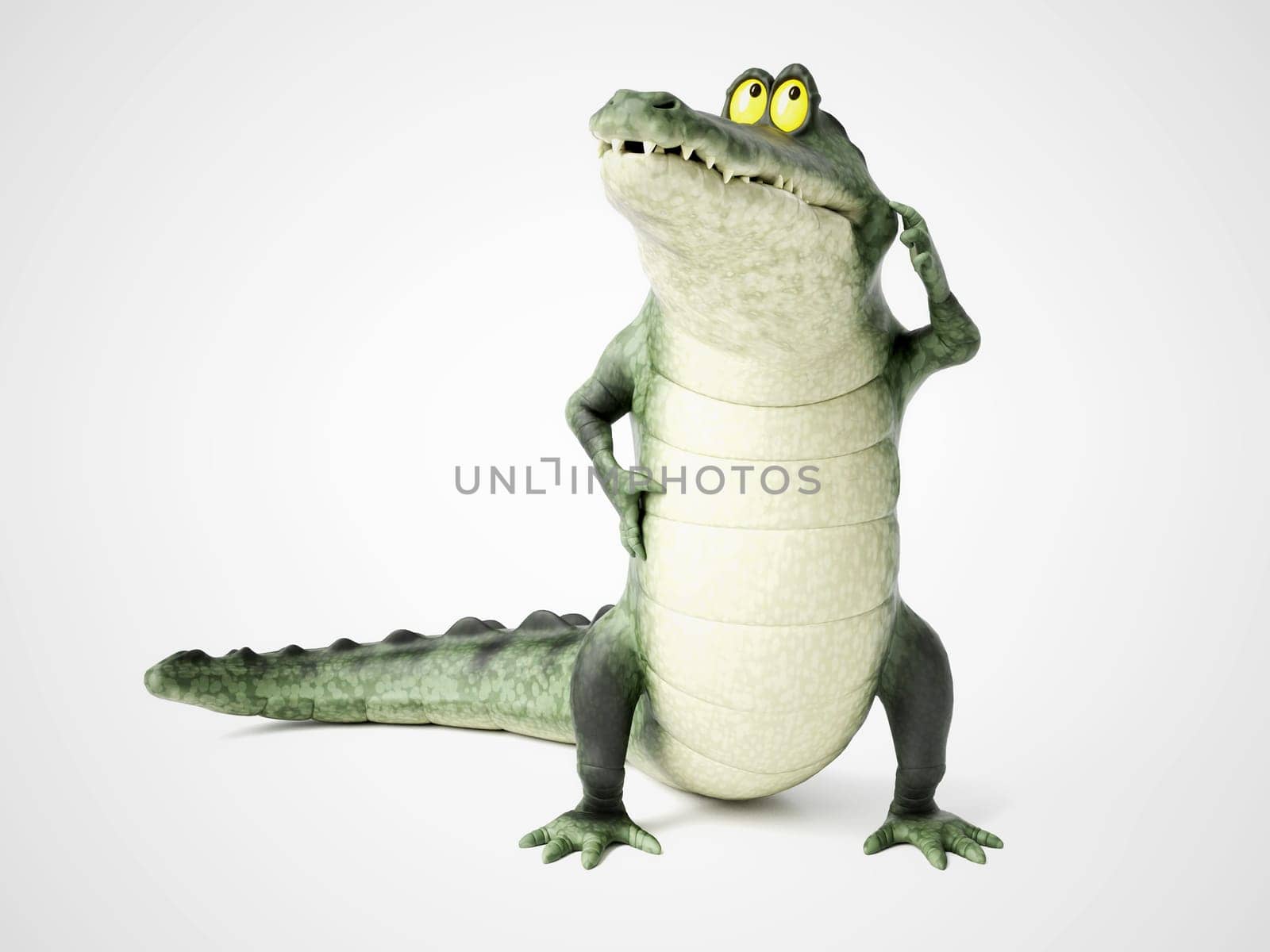 3D rendering of a cute, friendly cartoon crocodile thinking about something.