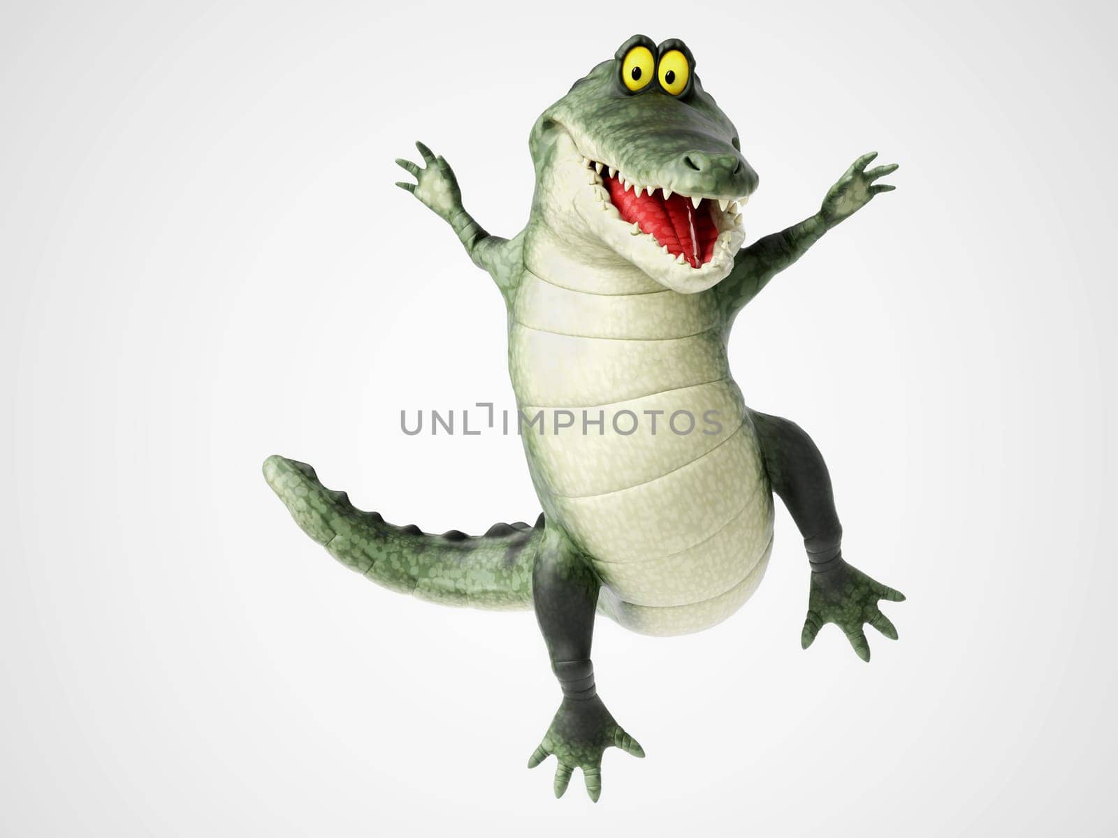 3D rendering of a cute, friendly cartoon crocodile smiling and jumping for joy.