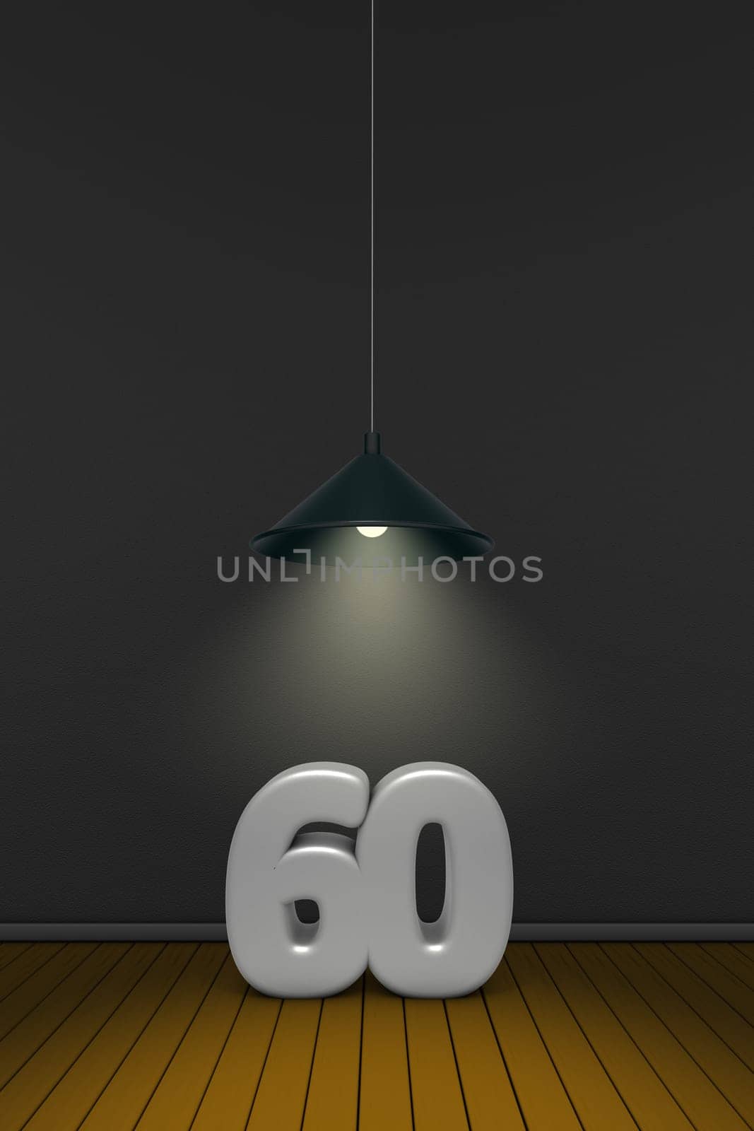 the number sixty under a lamp - 3d rendering