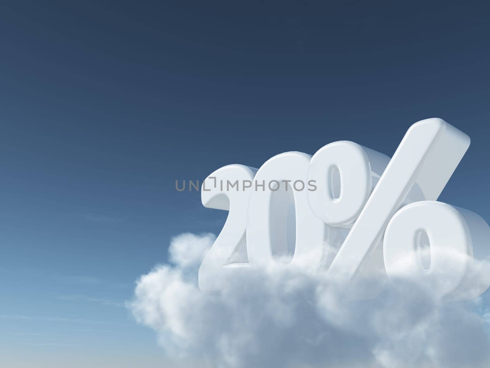 the number twenty and percent sign on clouds - 3d rendering