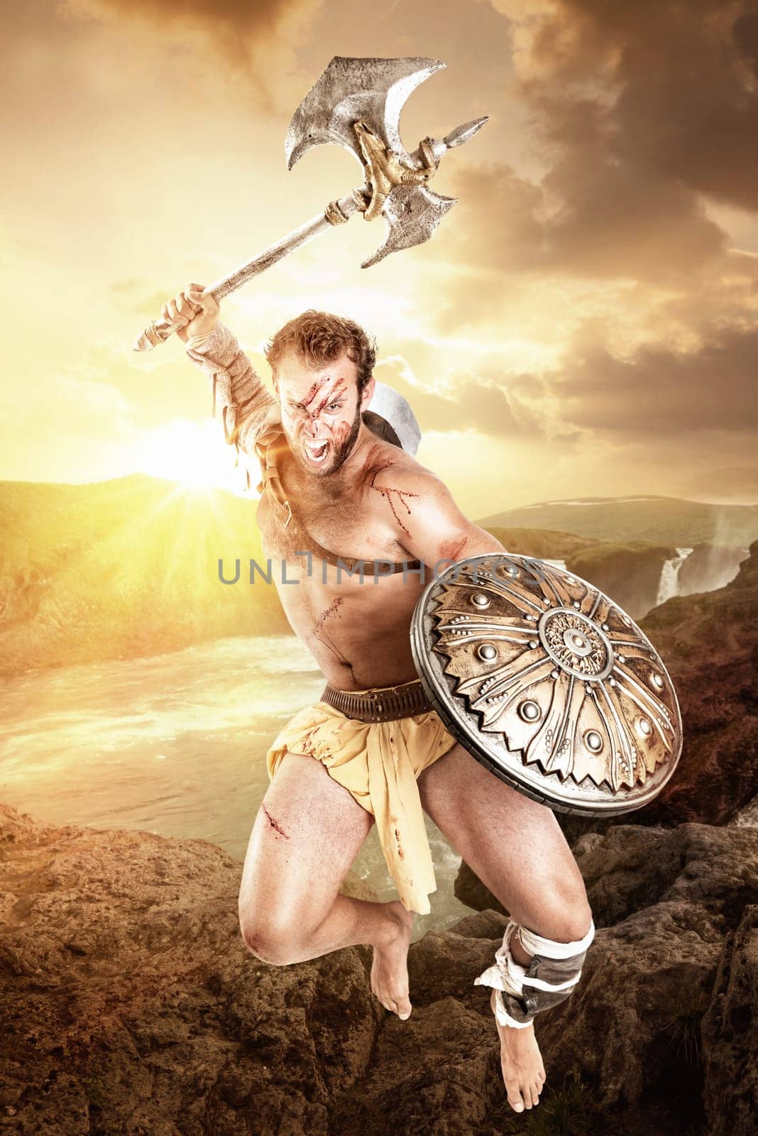 Ancient warrior or Gladiator fighting in a dark environment