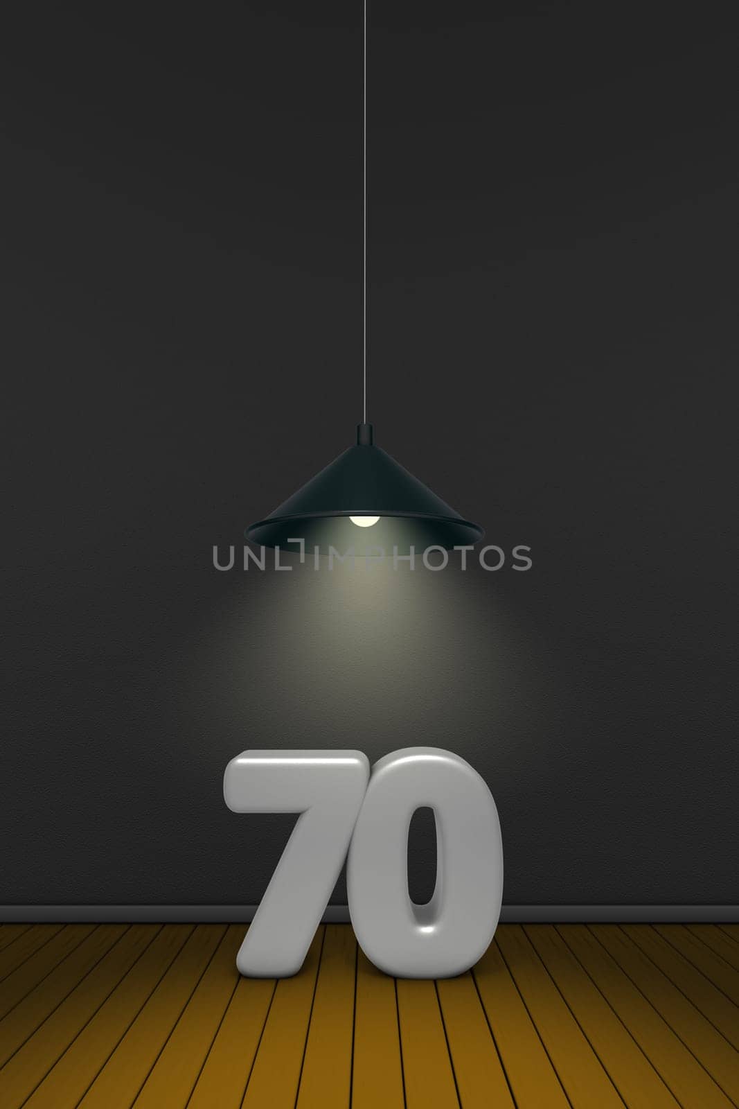 the number seventy under a lamp - 3d rendering