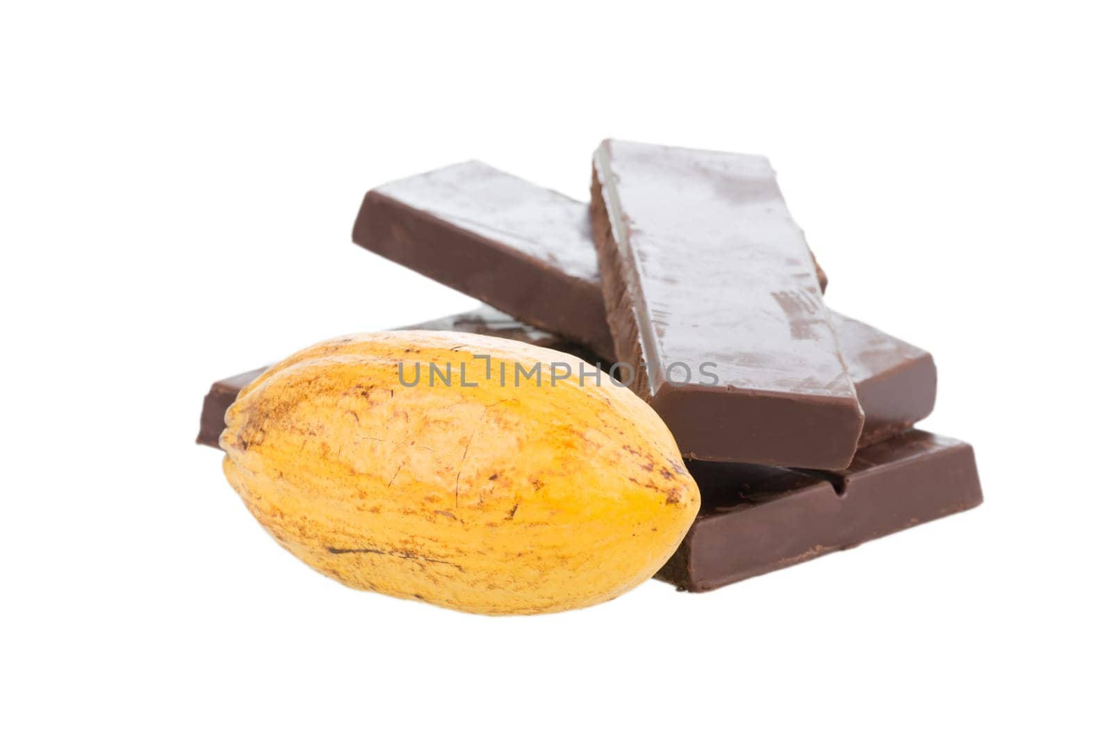 Fresh cocoa pod and chocolate bars