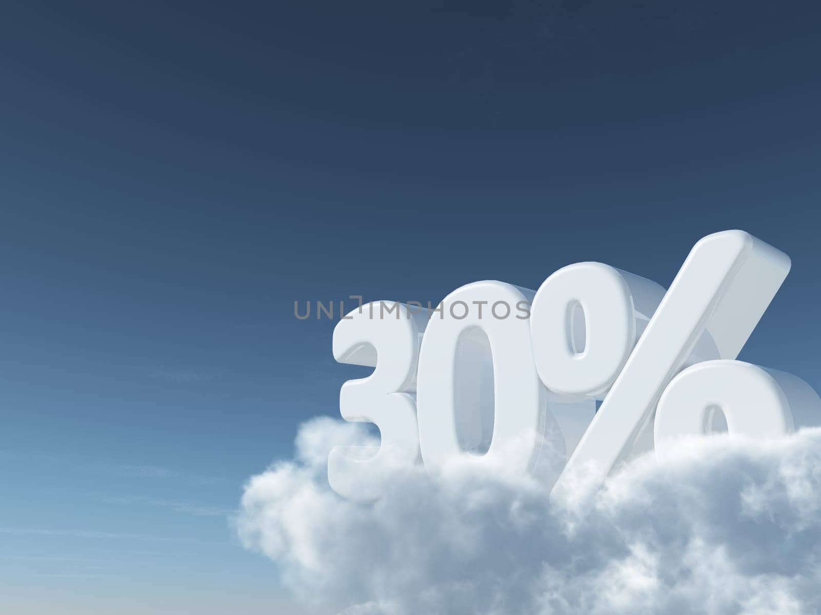 the number thirty and percent sign on clouds - 3d rendering