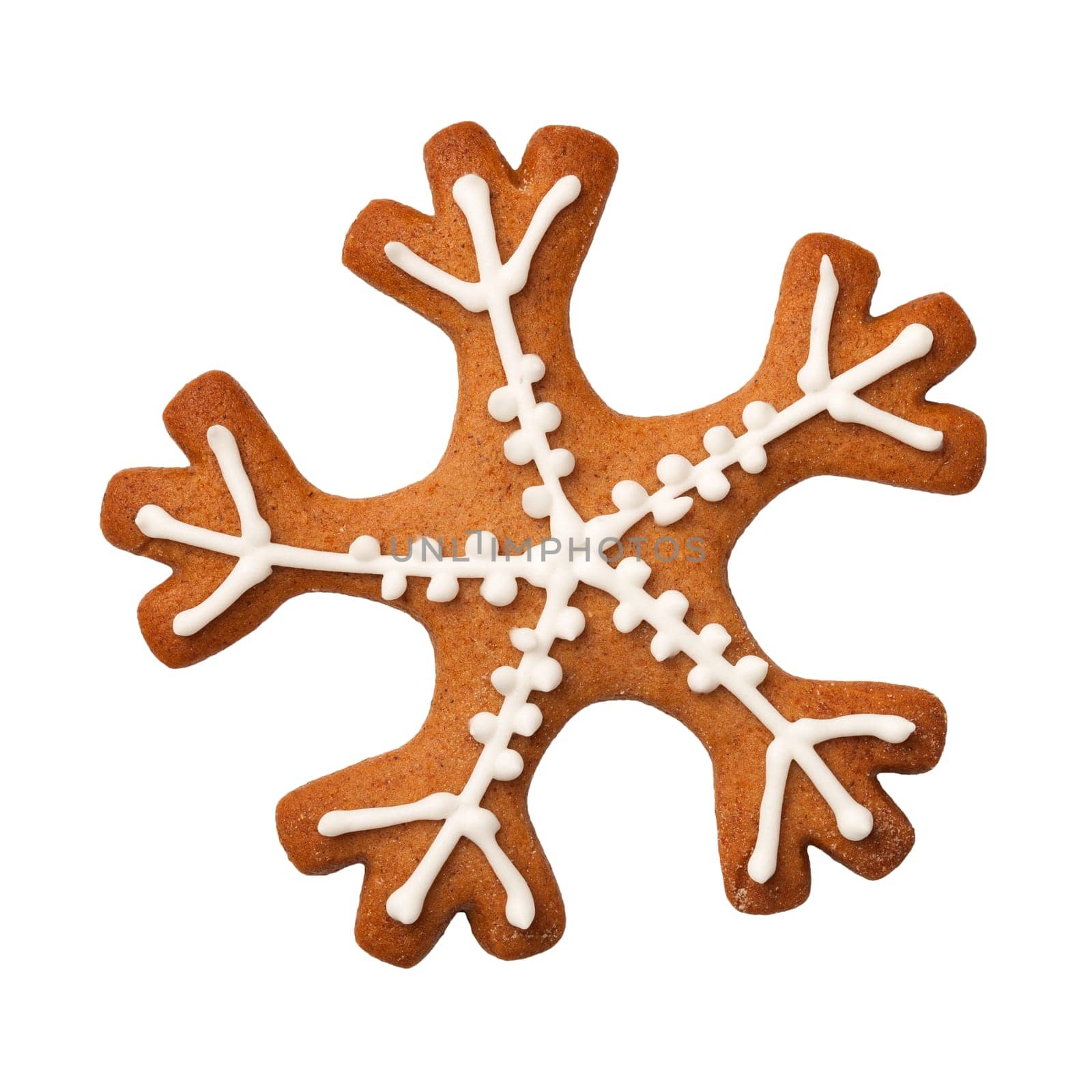 Gingerbread snowflake cookie isolated on white background. Top view