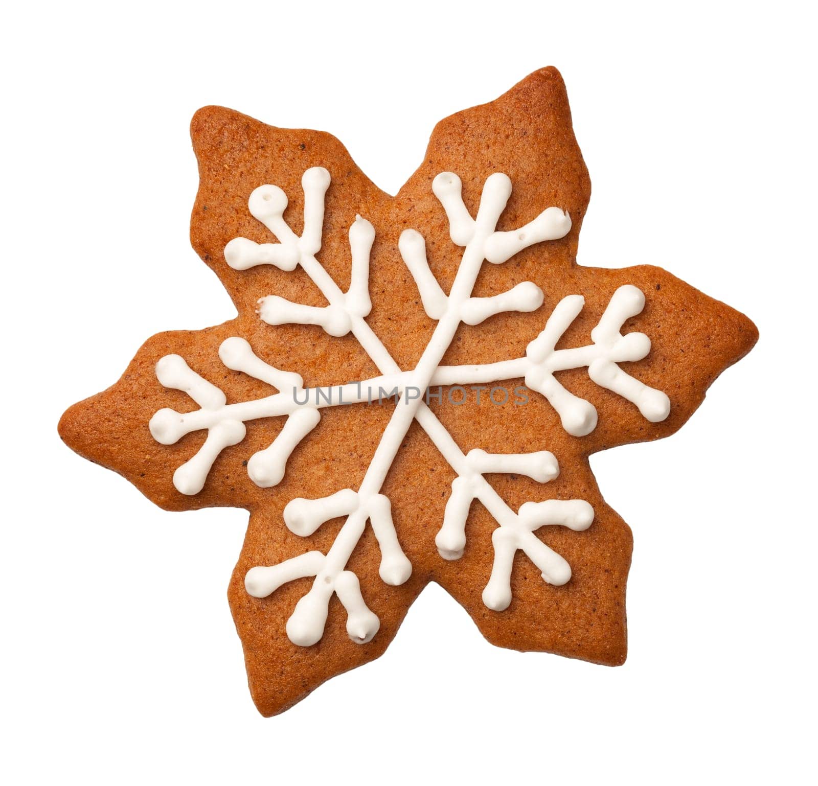 Gingerbread snowflake cookie isolated on white background. Top view