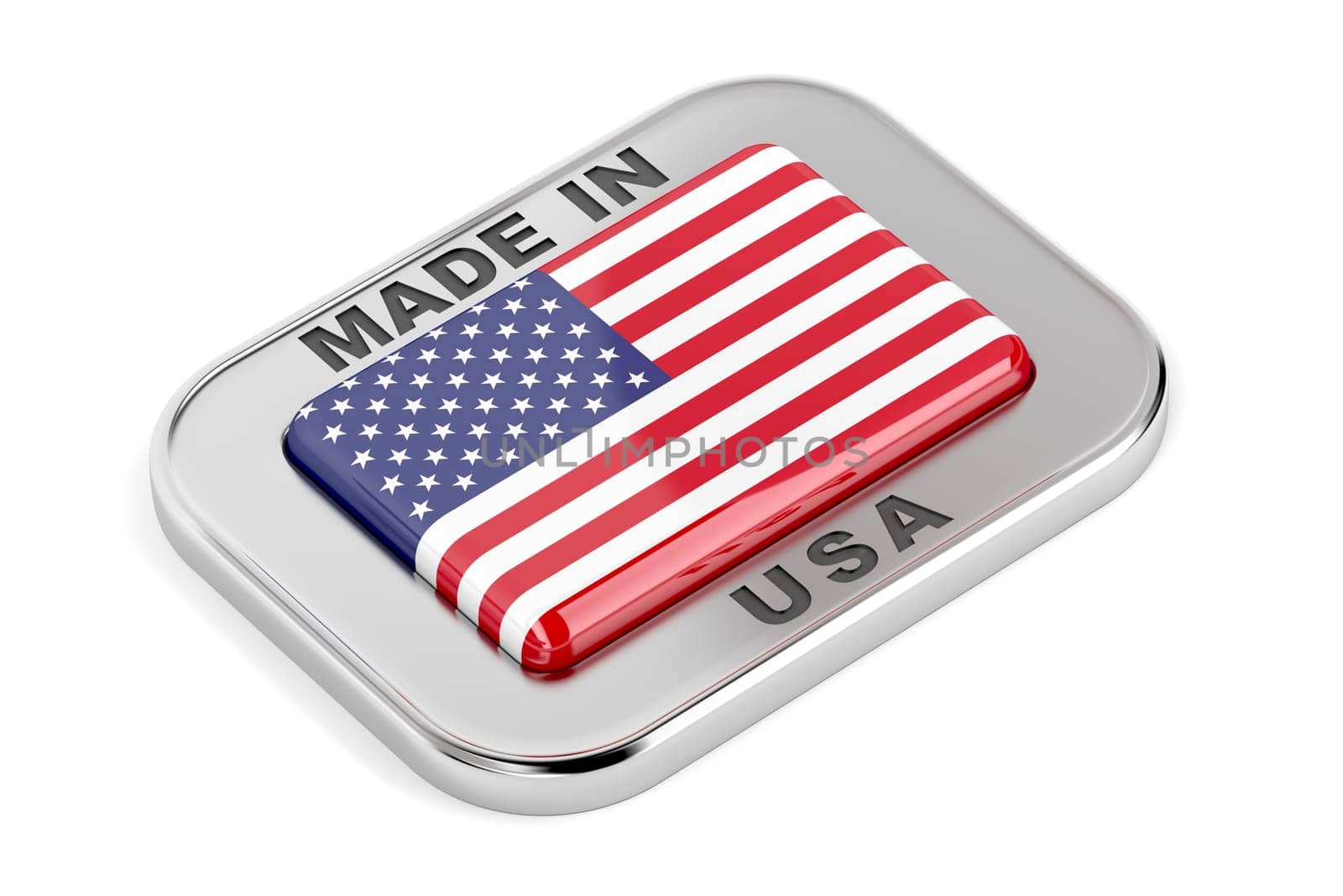 Made in USA, silver badge on white background