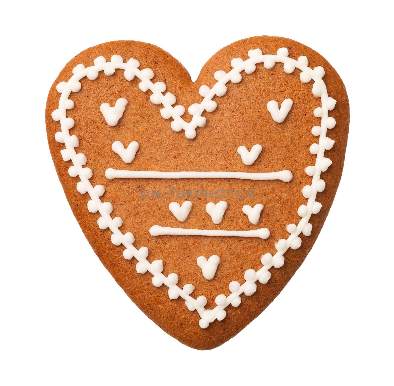 gingerbread heart cookie isolated on white background. top view