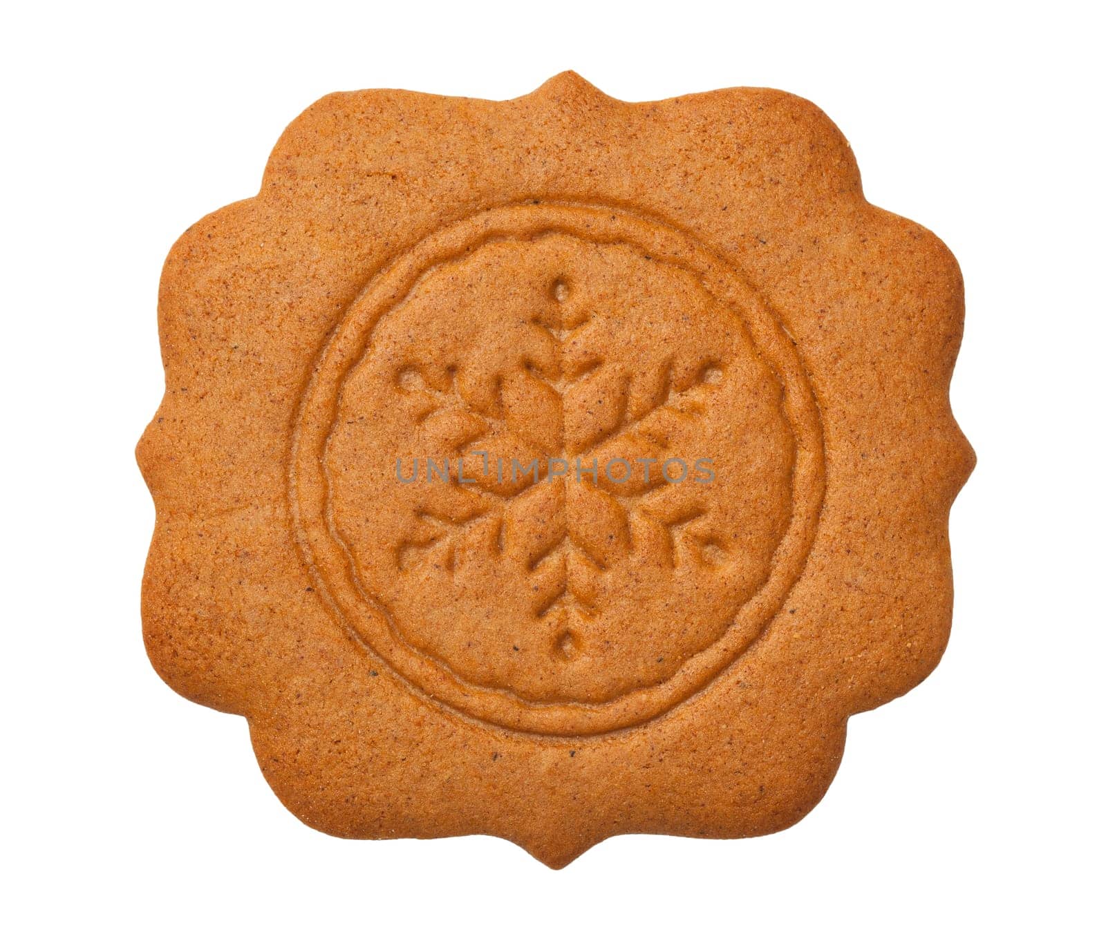 gingerbread cookie in shape of label with snowflake isolated on white background. top view
