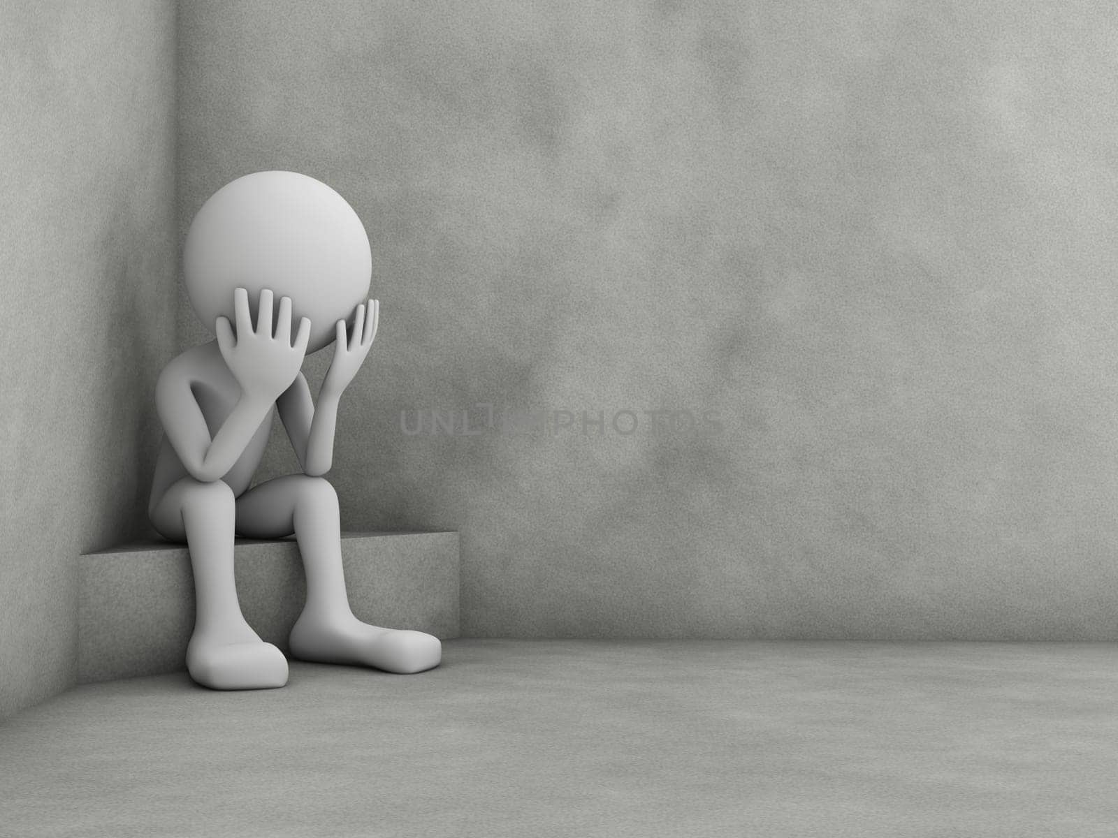 A man in depression sits in the corner of the room. 3d rendering.