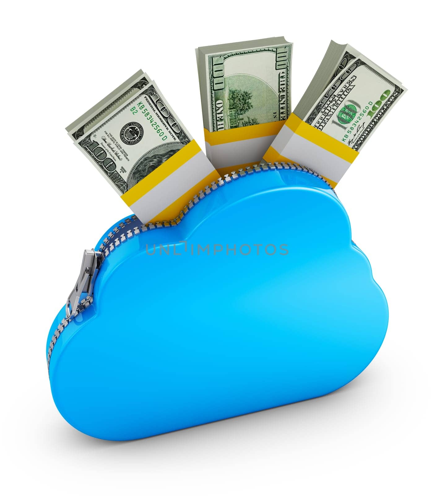 Cloud with zipper and the pack of dollars. 3d rendering.