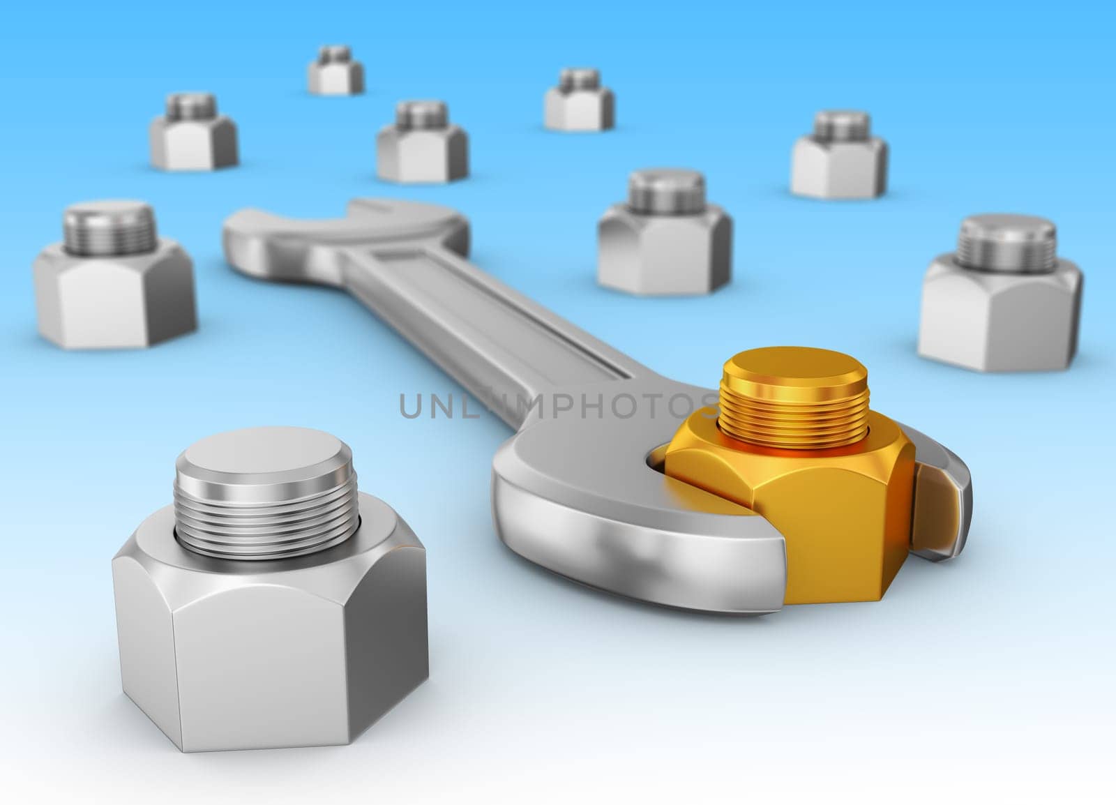 A wrench and a gold nut on the background of other nuts. 3d rendering.