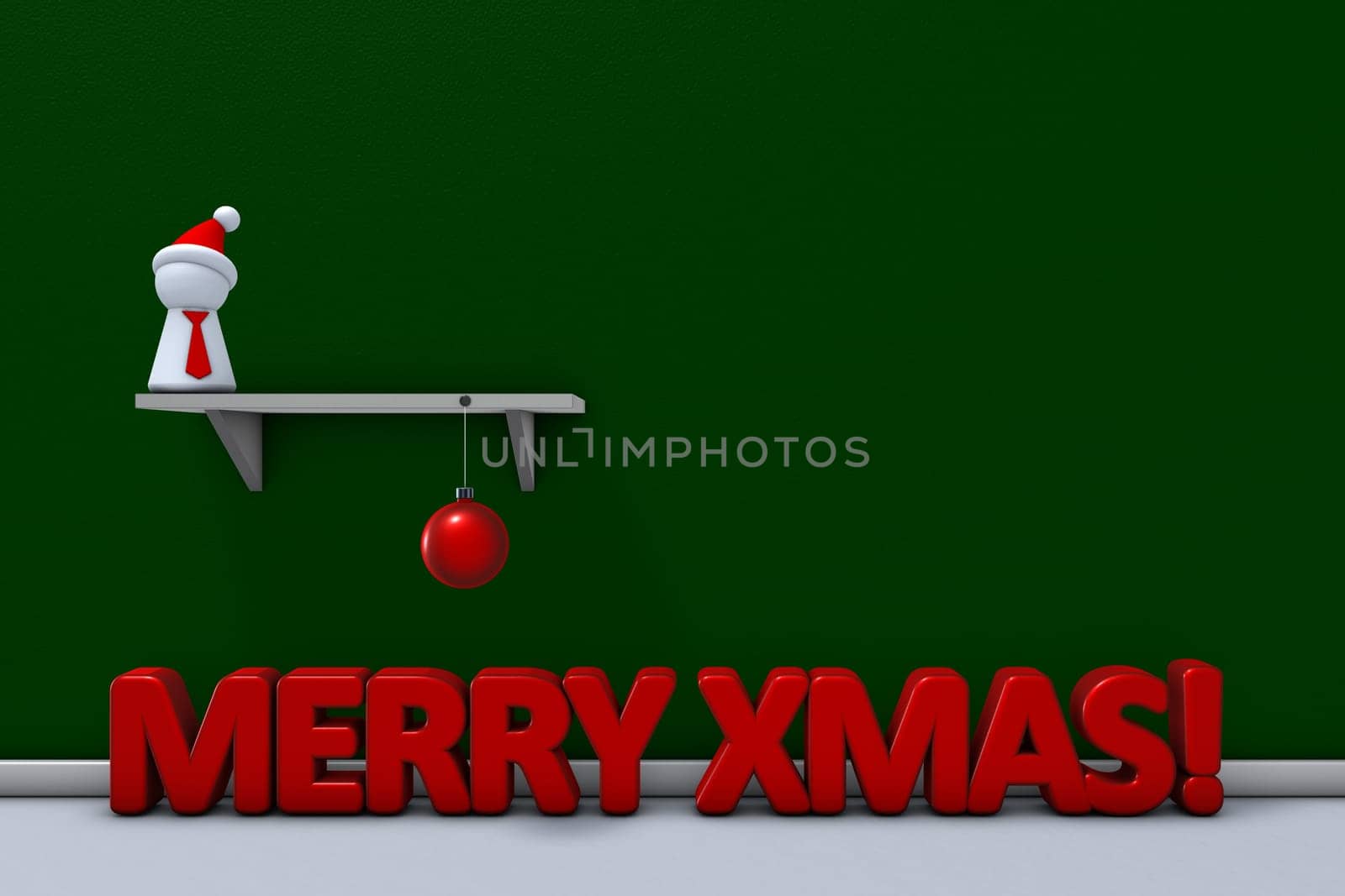 toy figure with Santa Claus cap on shelf and Christmas tree ball - 3d rendering
